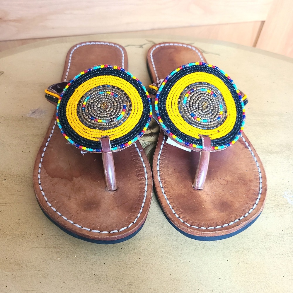 Bohemian Maasai Sz EU 40 US‎ 9  9.5 Brown Leather Beaded Flip Flop Thong Sandals